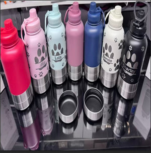 Pet 32oz Water Bottle with two integrated feeder/water bowls.