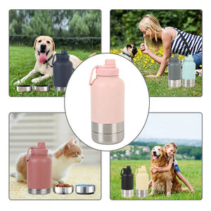 Pet 32oz Water Bottle with two integrated feeder/water bowls.