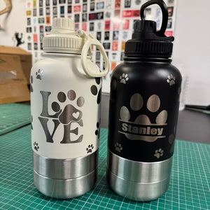 Pet 32oz Water Bottle with two integrated feeder/water bowls.