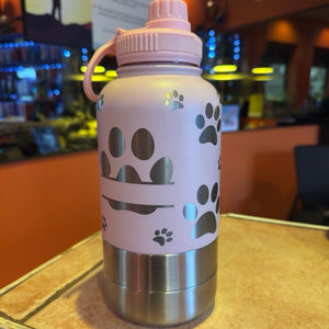 Pet 32oz Water Bottle with two integrated feeder/water bowls.