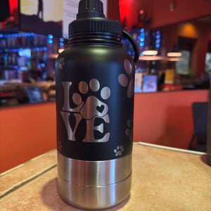 Pet 32oz Water Bottle with two integrated feeder/water bowls.