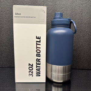 Pet 32oz Water Bottle with two integrated feeder/water bowls.