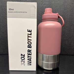 Pet 32oz Water Bottle with two integrated feeder/water bowls.