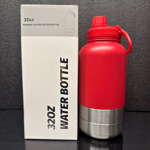 Pet 32oz Water Bottle with two integrated feeder/water bowls.