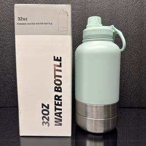 Pet 32oz Water Bottle with two integrated feeder/water bowls.