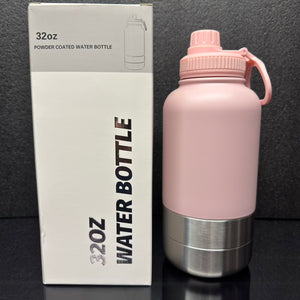 Pet 32oz Water Bottle with two integrated feeder/water bowls.