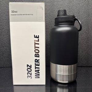 Pet 32oz Water Bottle with two integrated feeder/water bowls.